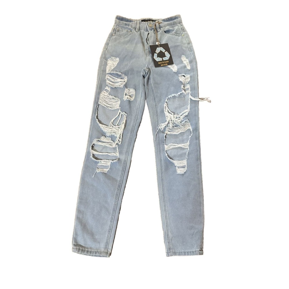 Indigo Rein Mom Super High Rise Jean Distressed‎ Thrashed Raw Hems Denim size 1